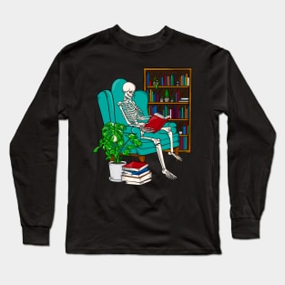 Skeleton Reading a Book Reading and Plant Lover Goblincore Long Sleeve T-Shirt
